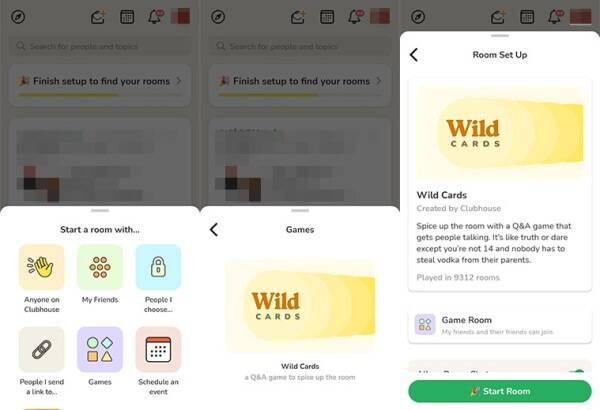 Screenshots from Clubhouse showing the new games feature