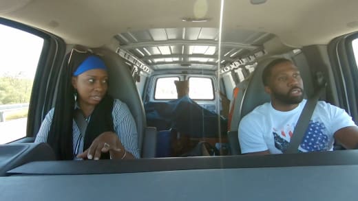 Bilal Hazziez and sister Nefertari drive in an old work van