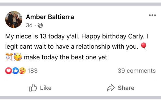 Amber Baltierra FB post for Carly birthday 2022