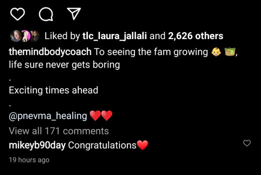 Ash Naeck IG caption under Tina Sardellis pregnancy announcement