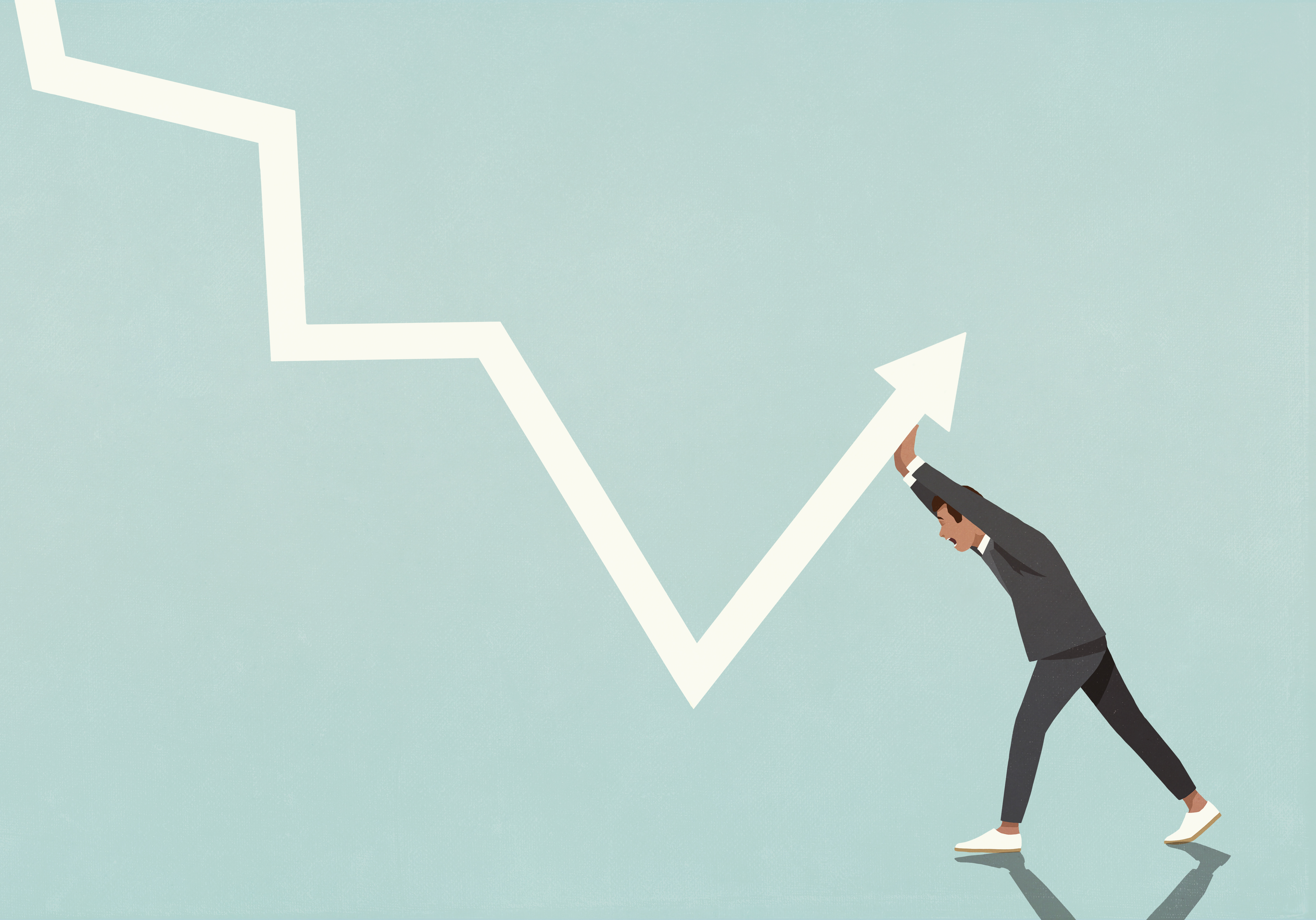 Illustration of a businessman struggling to hold up a downward arrow.