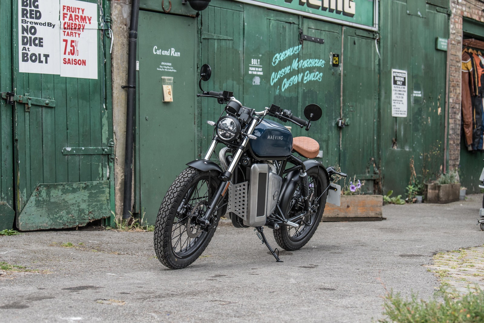 Maeving RM1 Electric Motorcycle parked outside