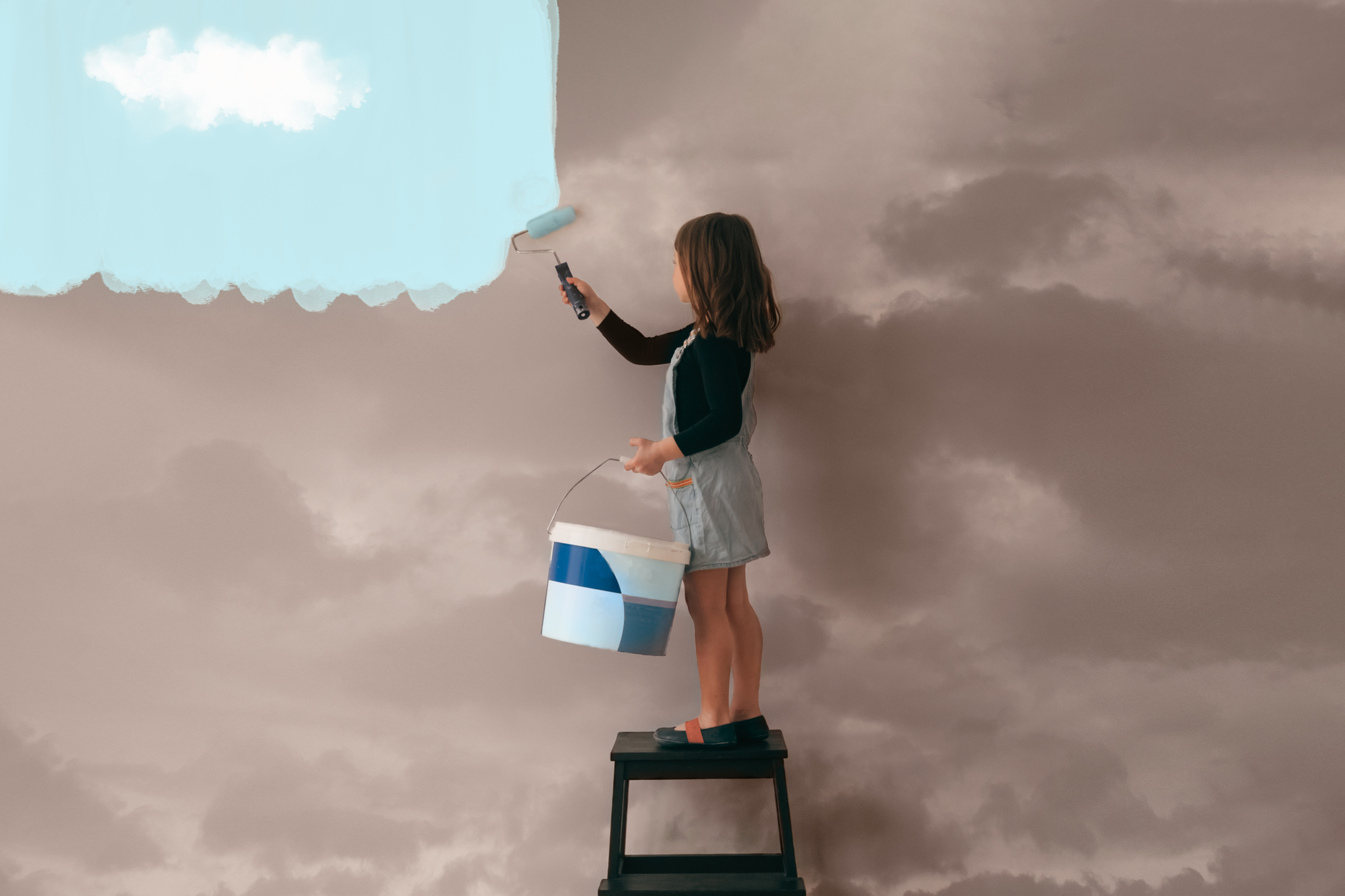 Girl Painting The Wall From Cloudy To Clear Blue Sky; cloud optimization