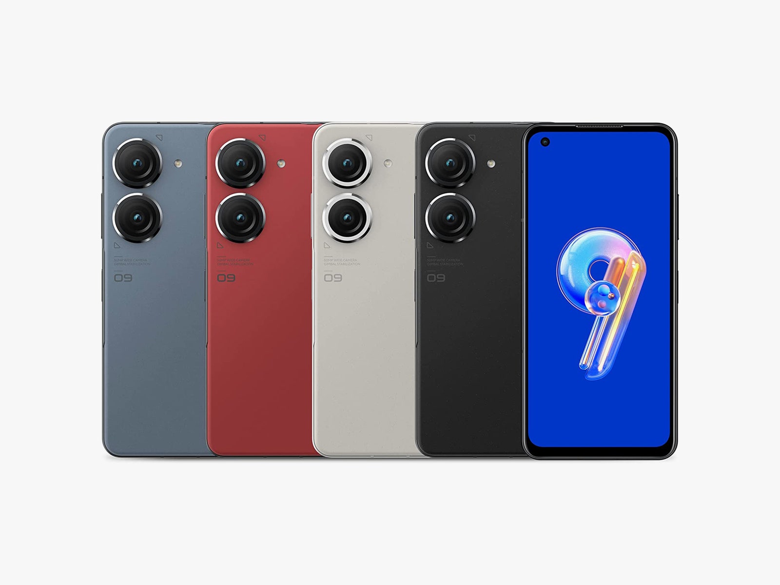 Asus Zenfone 9 smartphone in various colors.