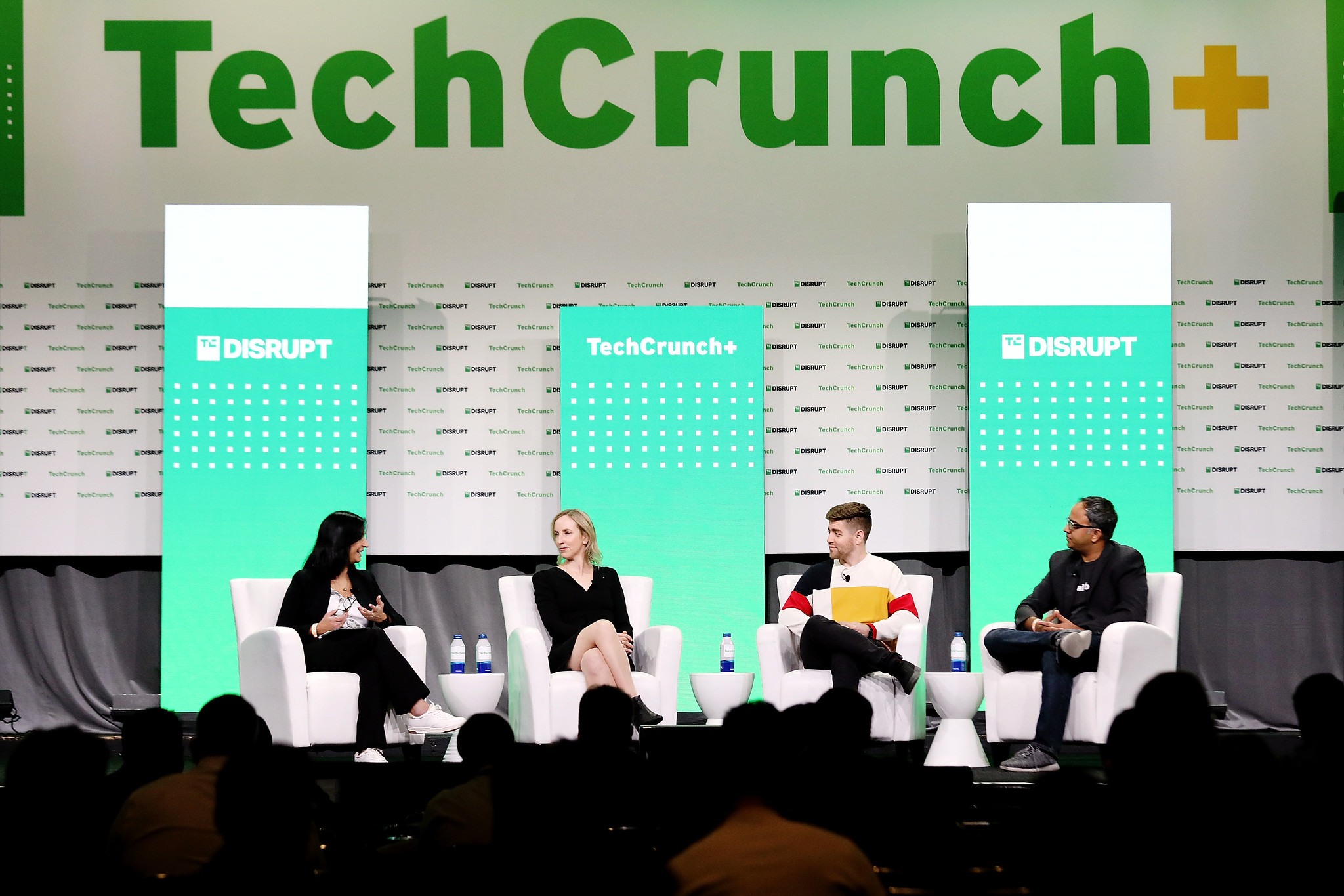 TechCrunch's Mary Ann Azevedo; Ruth Foxe Blader, partner at Anthemis; Eric Glyman, co-founder and CEO of Ramp; and Thejo Kote, founder and CEO of Airbase speak onstage during TechCrunch Disrupt 2022.