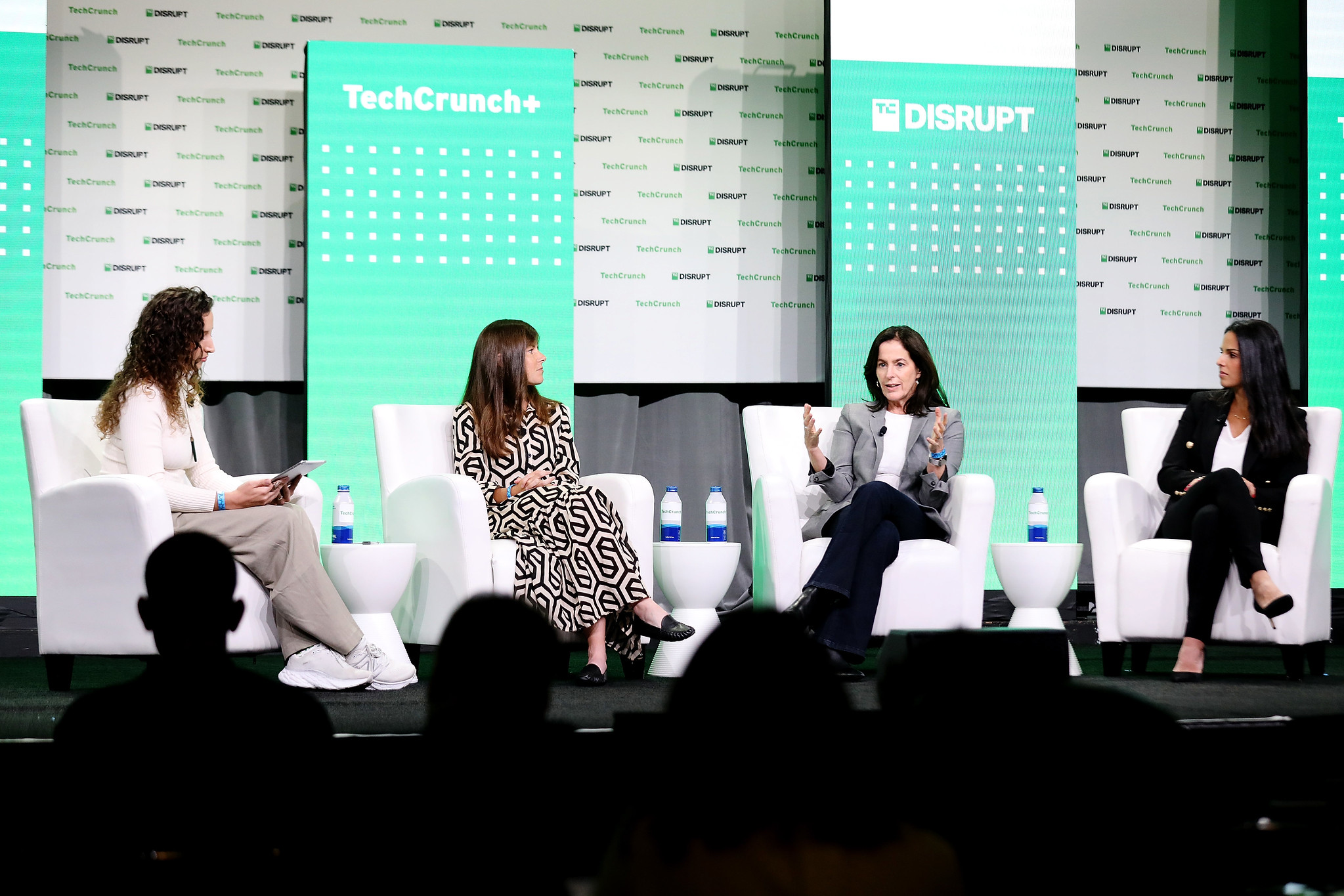 TechCrunch's Rebecca Bellan; angel investor Allison Barr Allen of Trail Run Capital; Deidre Paknad, co-founder and CEO of WorkBoard; and Adriana Roche, chief people officer of MURAL, speak onstage during TechCrunch Disrupt 2022.