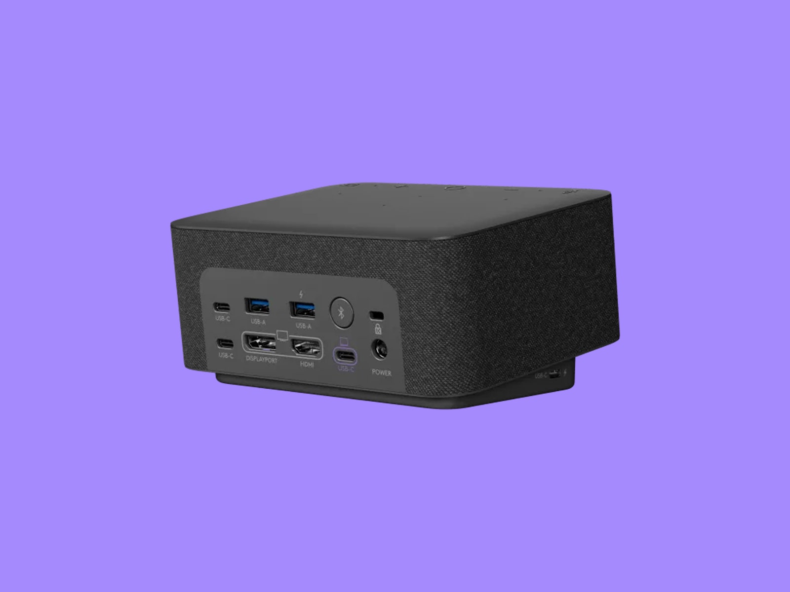 Logitech Logi Dock on purple backdrop.