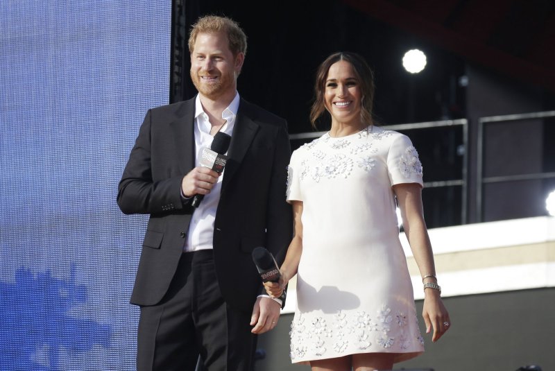 Prince Harry (L), pictured with Meghan Markle, discussed his "full-scale rupture" with the royal family in an interview with "60 Minutes." File Photo by John Angelillo/UPI