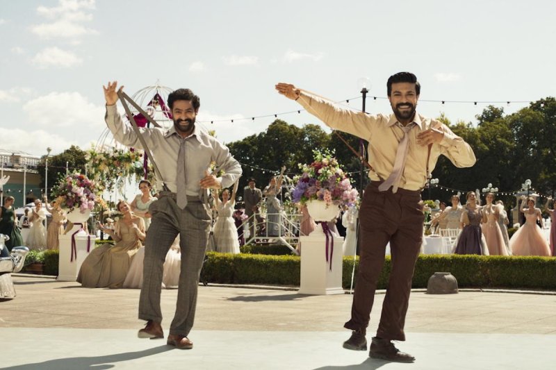 N.T. Ramo Rao Jr. (L) and Ram Charan Teja dance to "Naatu Naatu." Photo courtesy of DVV Entertainment