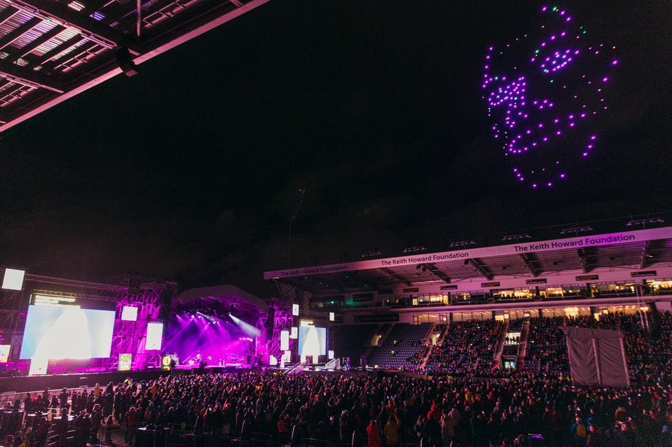 Drones forming a face above Headingley stadium