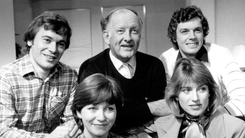 "Breakfast Time" presenters, (back row l-r) Francis Wilson, Frank Bough, David Icke, (front row l-r) Debbie Rix and Selina Scott, 1983.