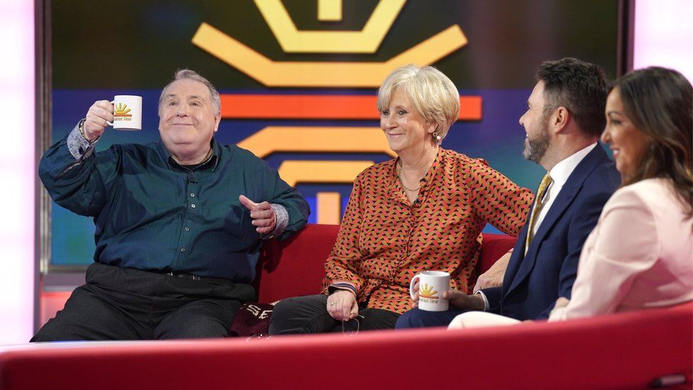 Astrologer Russell Grant, Former presenter Debbie Rix with presenters Jon Kay and Sally Nugent on the red sofa as BBC Breakfast celebrate its 40th anniversary with a special show and guests at MediaCityUK, Salford