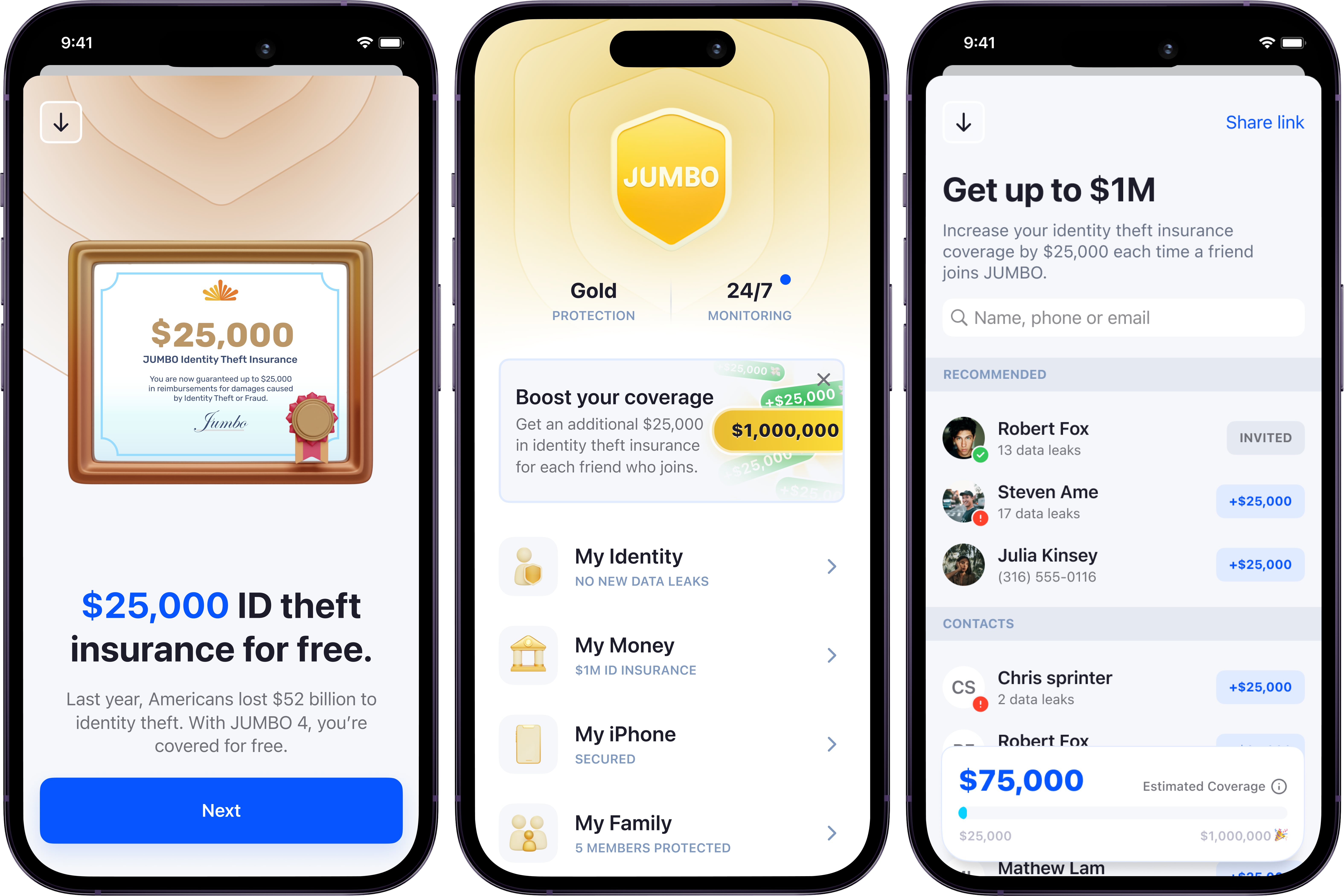 Screenshots of Jumbo's app with a new identity theft insurance feature