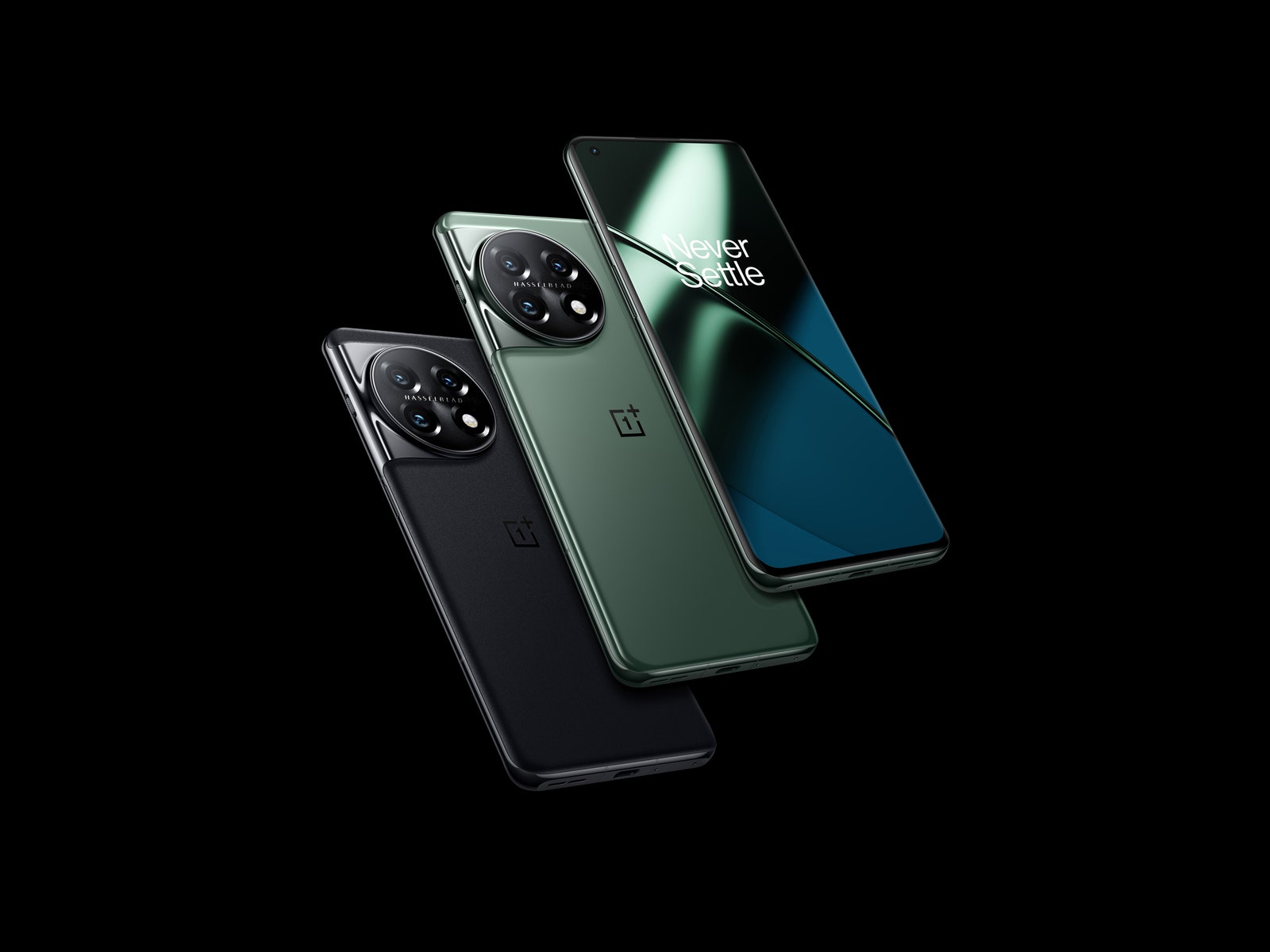 OnePlus 11 in black and green colors and one showing the screen