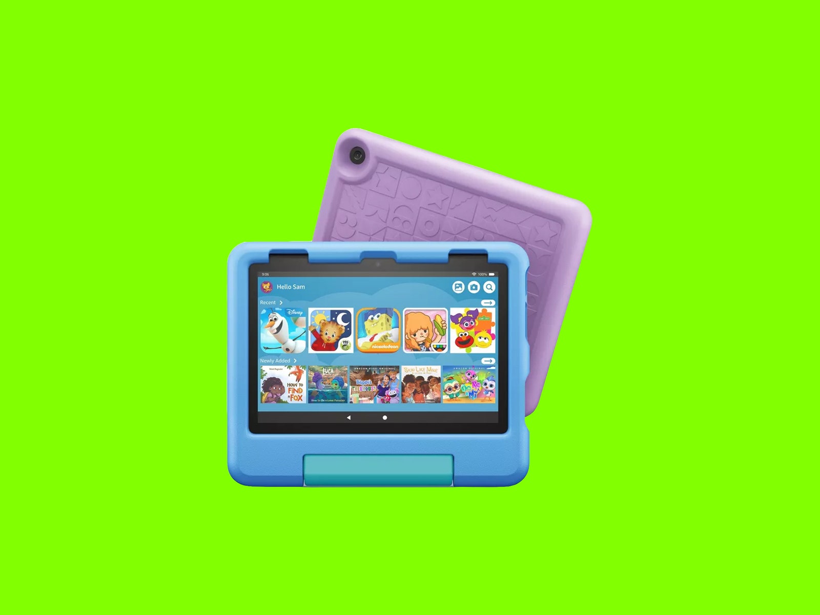 Amazon Fire HD 8 Kids Edition 2022 model on green backdrop