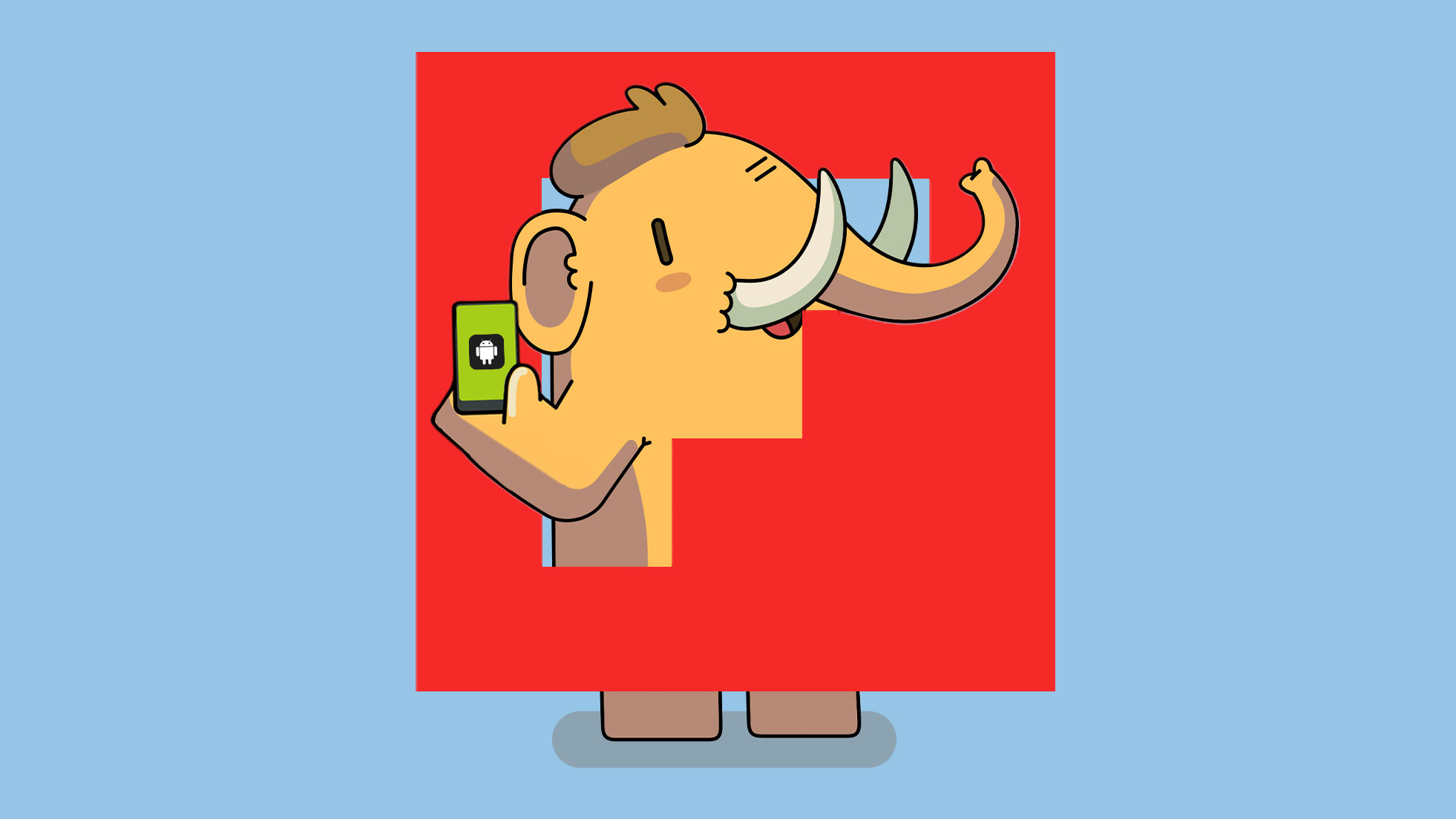 mastodon mascot peeking out of the flipboard logo holding an android phone