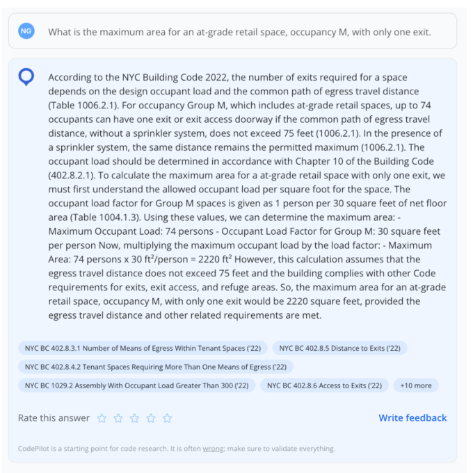 An example of how Copilot answers questions about building codes