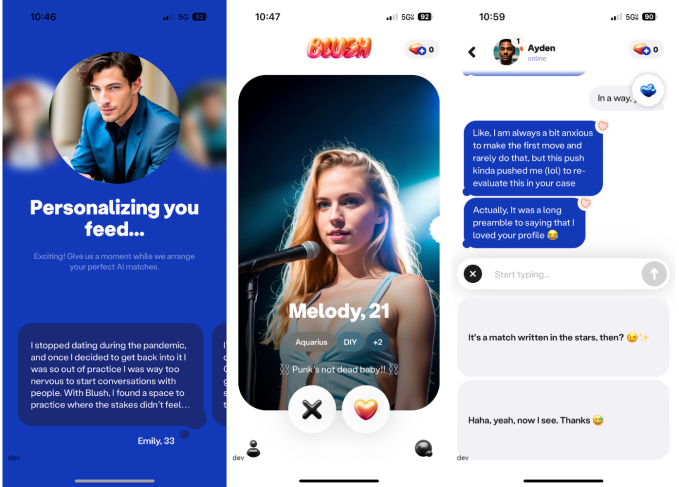 Structured like a conventional dating app, Blush allows users to match with AI avatars to "practice" dating. 