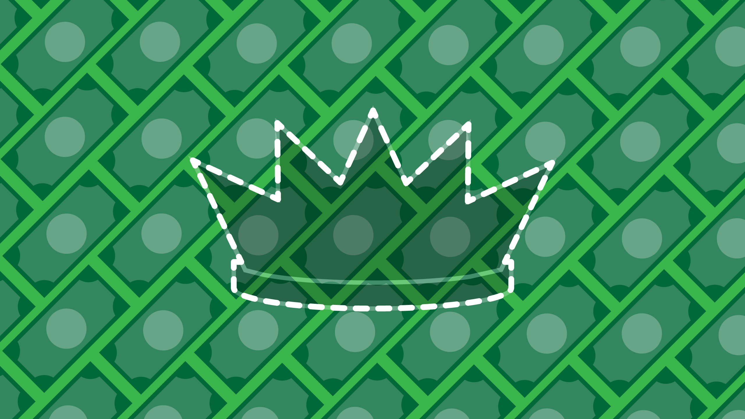 illustration dotted line crown over a background pattern of dollar bills