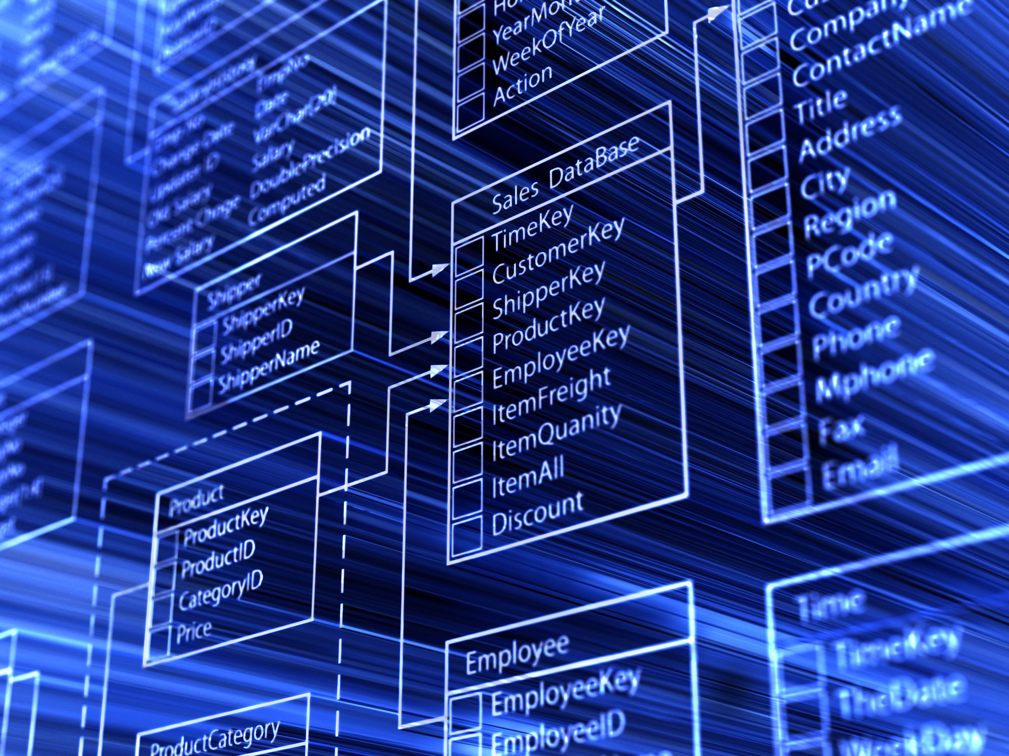 Database tables connected together on a blue background.