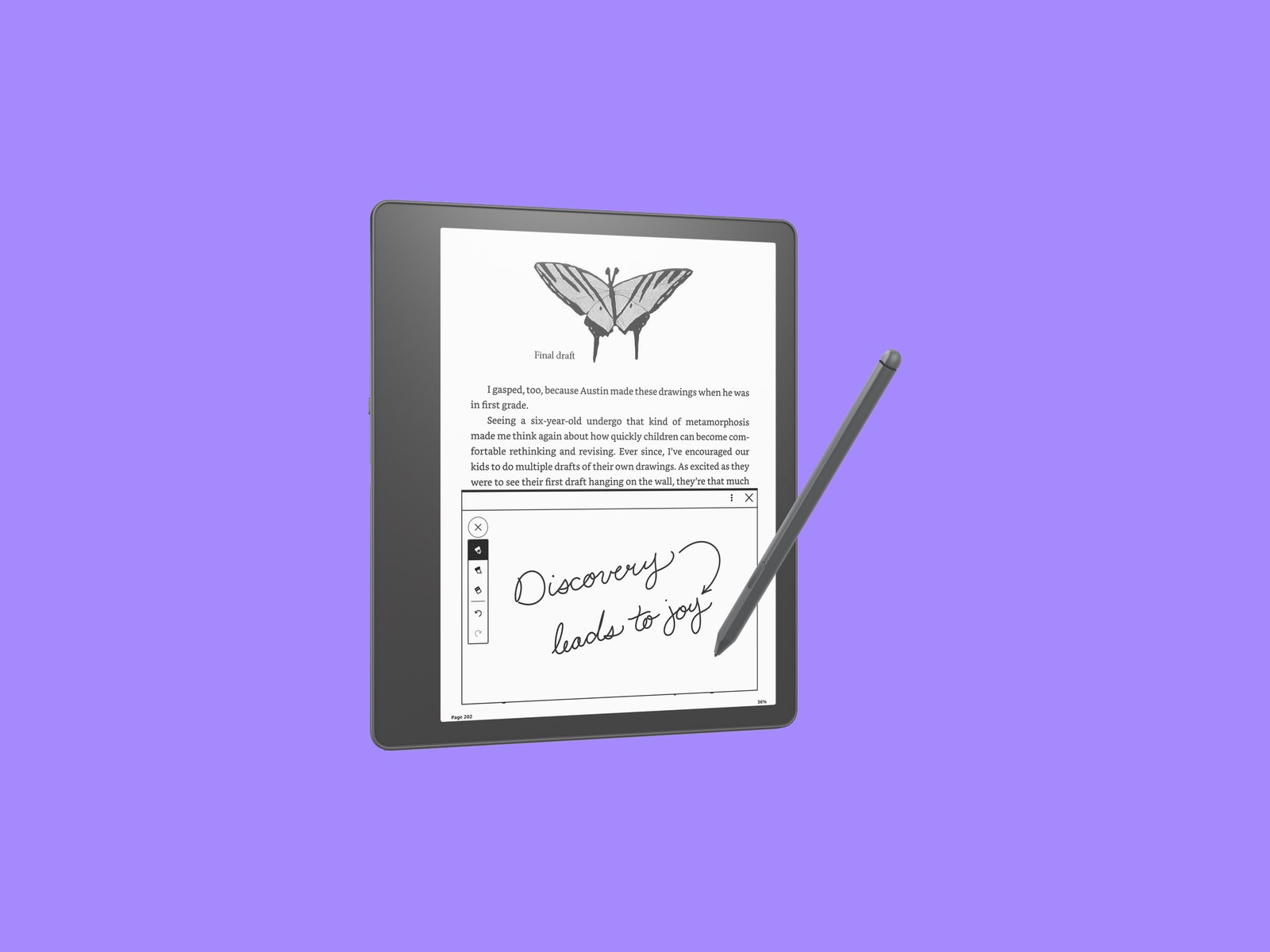 Amazon Kindle Scribe with pen on purple backdrop