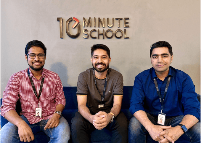 A photo of 10 Minute School co-founders Abdullah Abyad Raied, Ayman Sadiq and Mirza Salman Hossain Beg