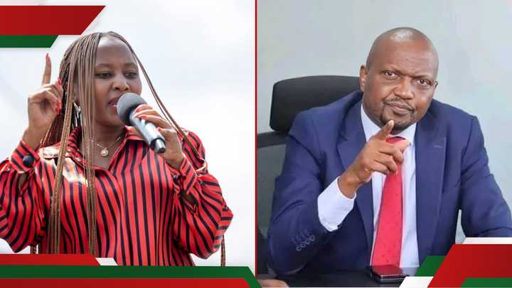 Njeri Maina at a public rally and Moses Kuria at his office.