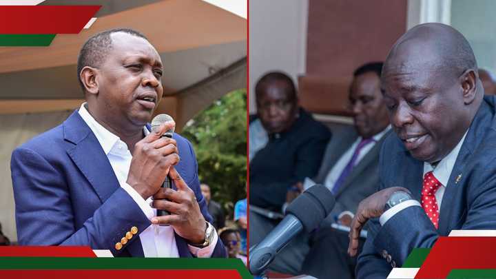 Oscar Sudi during a public rally and Riagthi Gachagua at a meeting.