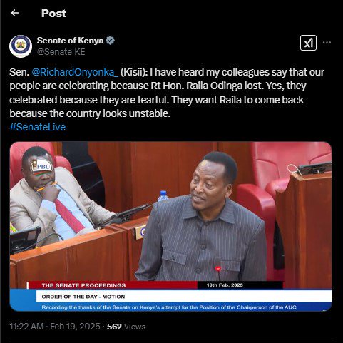 A statement shared by Senate showing Senator Richard Onyonka's remarks on Wednesday February 19, 2025. PHOTO/Screengrab by PD Digital/@Senate_KE/X