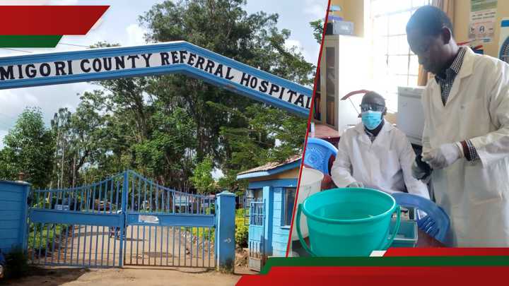 Migori county referral hospital main gate and public health officials during sensitisation on prevention measures