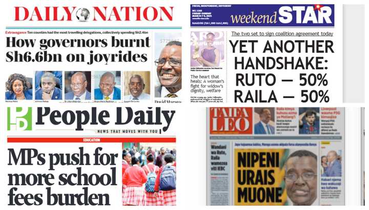 The top stories in Kenyan dailies on Fri, Mar 7.