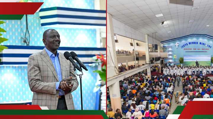 Photo collage of William Ruto and the Jesus Winner Ministry church