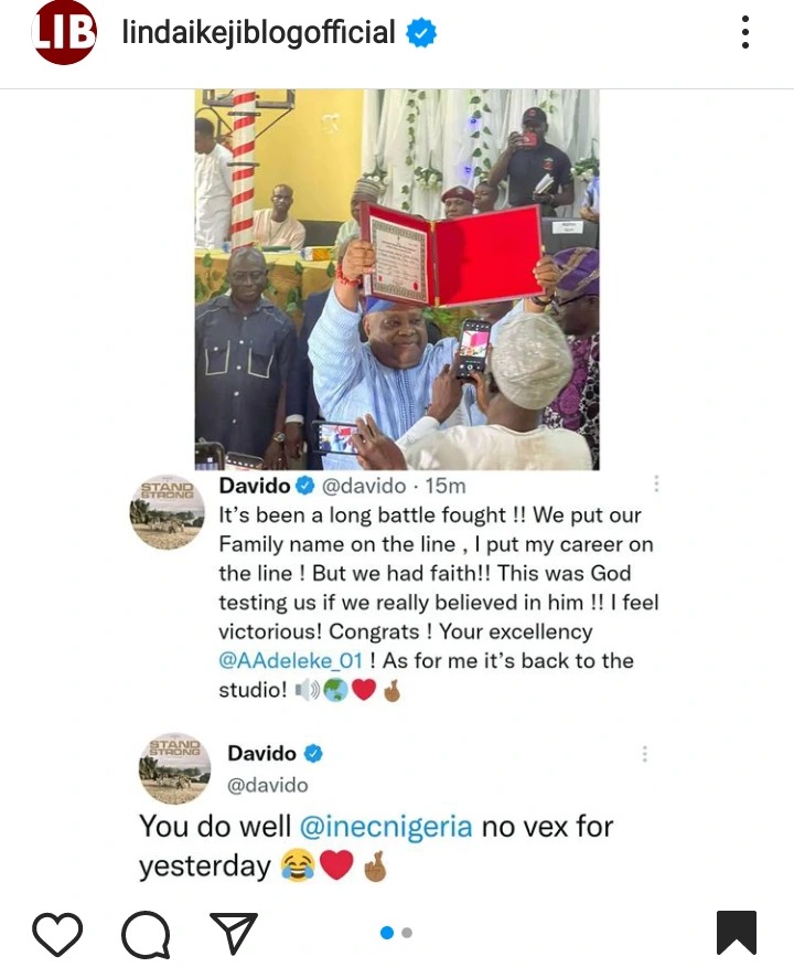 no-vex-for-yesterday-davido-react-after-inec-issued-certificate-of