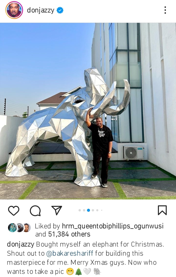 Don Jazzy guys himself an elephant for Christmas