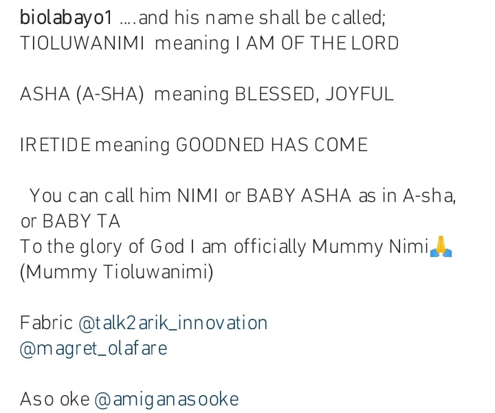 Biola Bayo's son's name