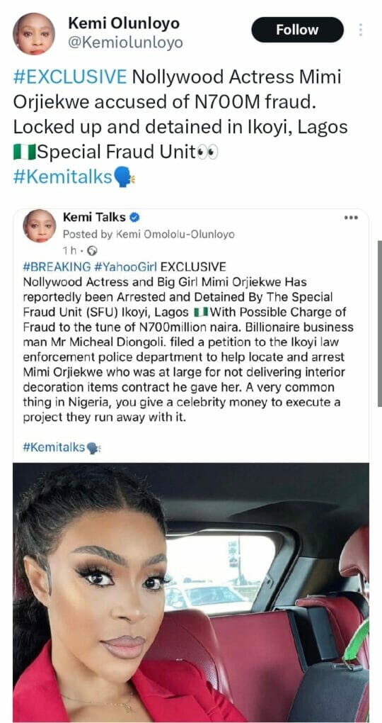 Kemi Olunloyo alleges Mimi Orjiekwe has been arrested