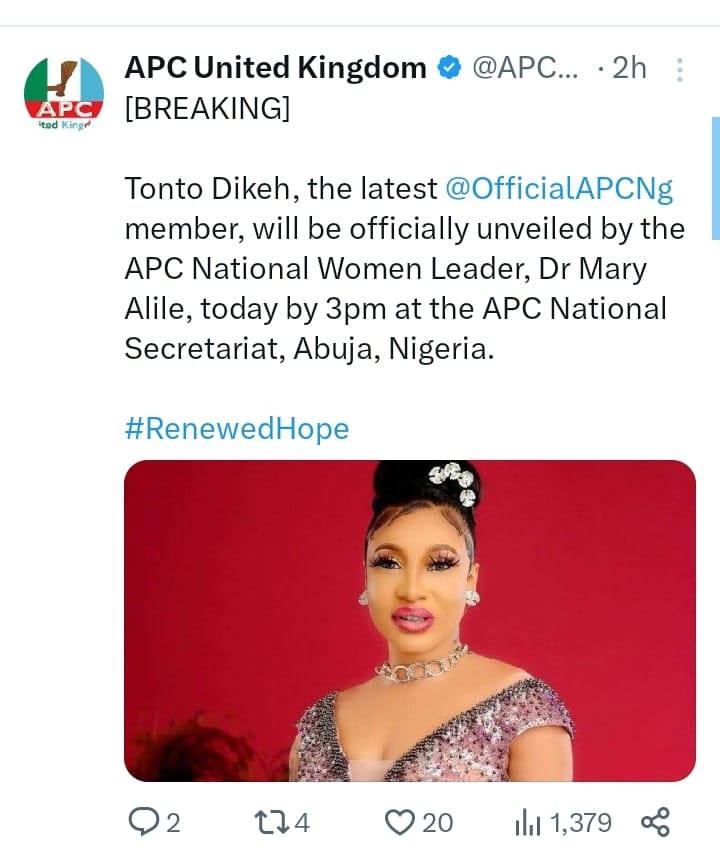 Tonto Dikeh decamps to APC