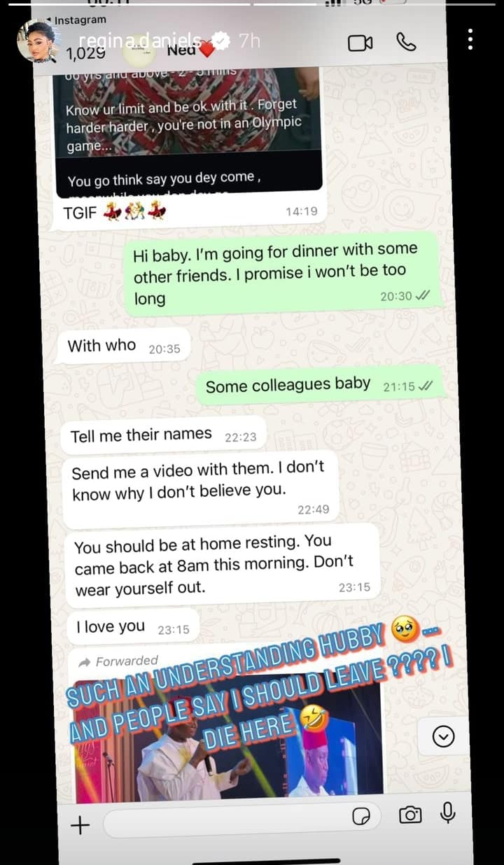 Regina Daniels shares screenshot of her chat with husband