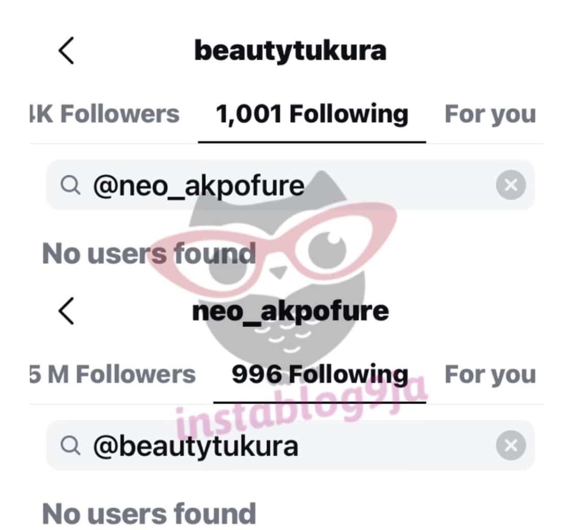 Neo Akpofure and Beauty Tukura unfollow each other.