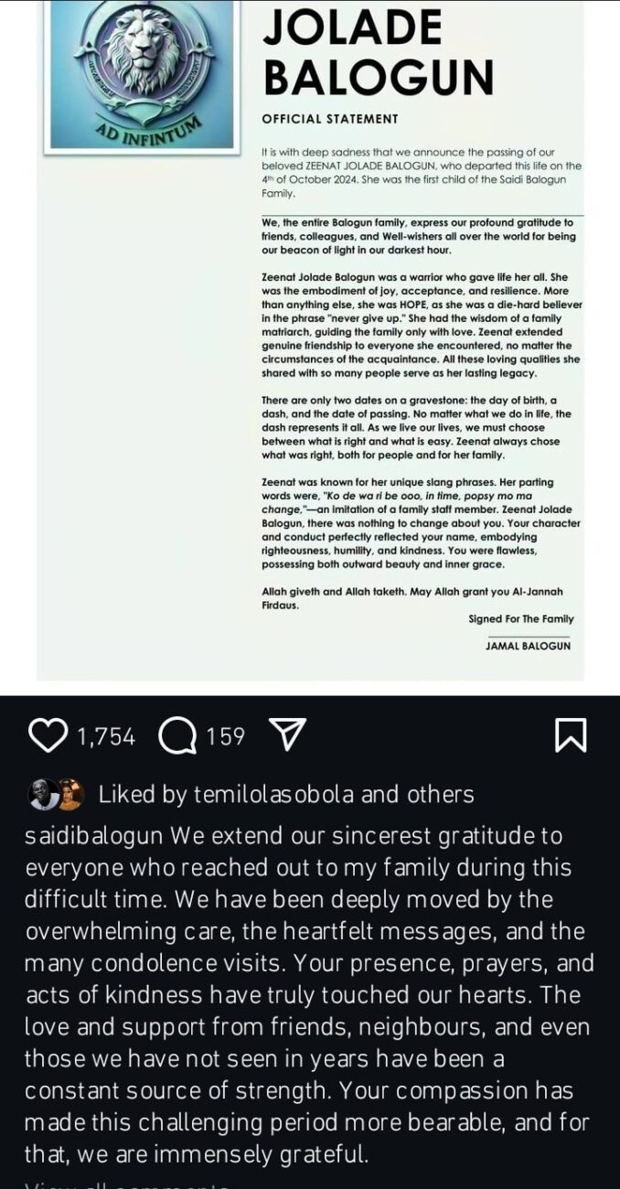 Saidi Balogun releases statement following daughter's death