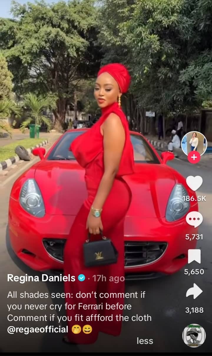 Regina Daniels tells haters not to comment if they haven't cried in Ferrari