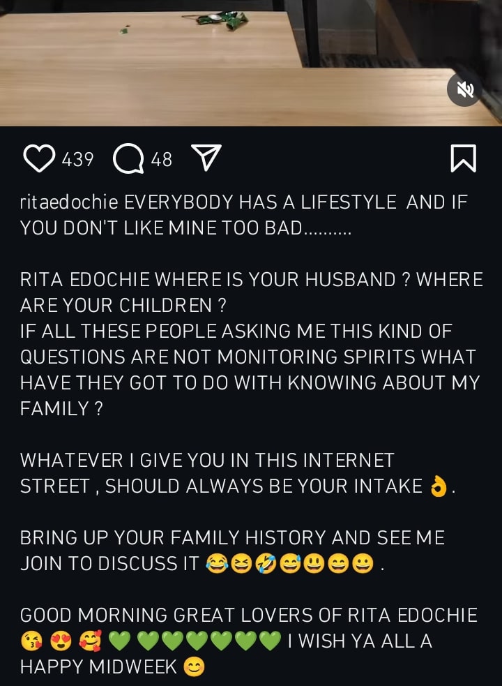 Rita Edochie replies netizens for not posting her husband and children