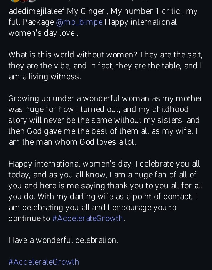 Lateef Adedimeji celebrates his wife on Women's Day