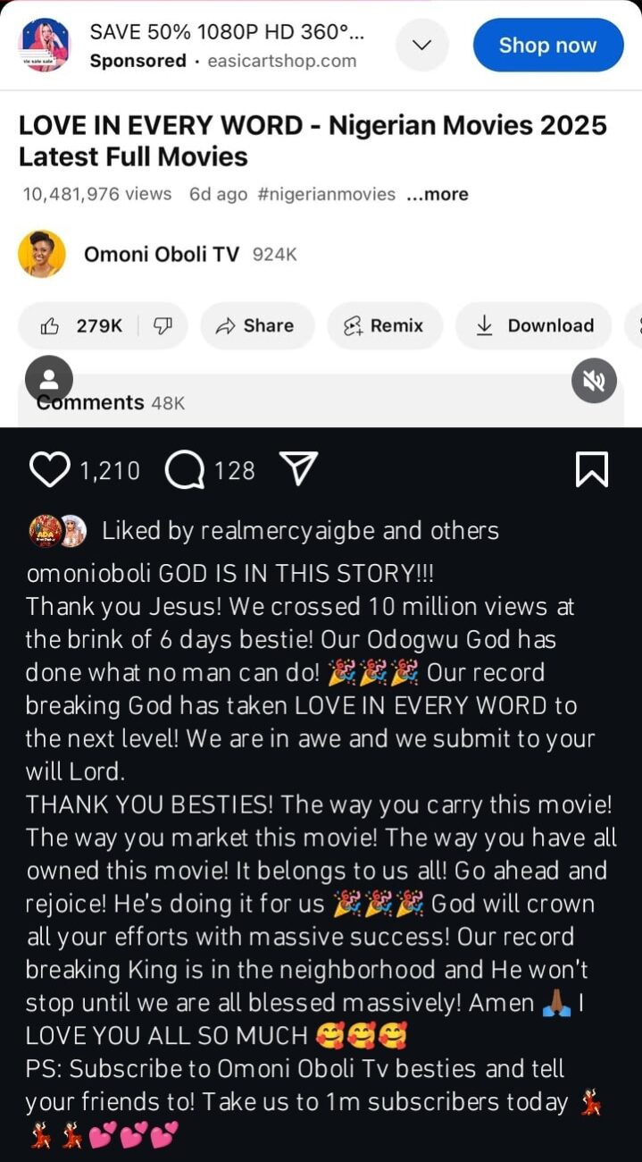 Omoni Oboli grateful as her movie hits 10 million views