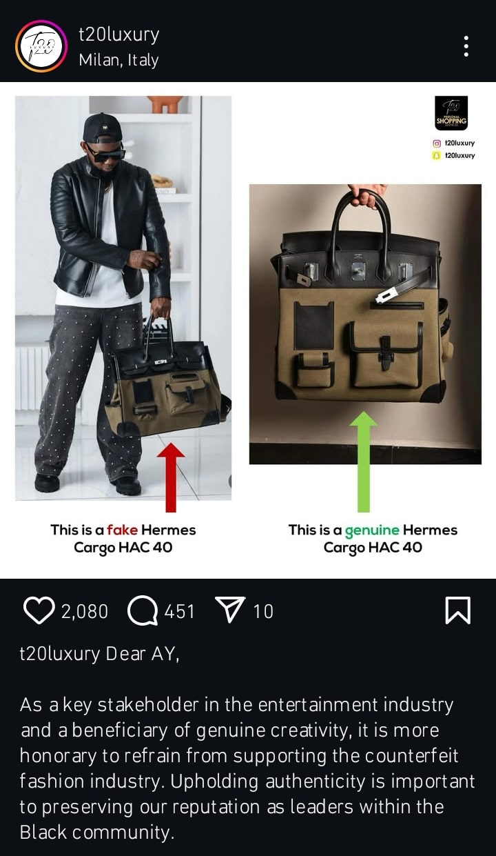 Ayo Makun gets called out over fake Hermes bag