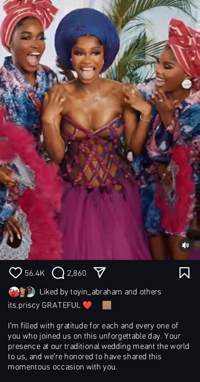 Priscilla Ojo pens heartfelt note following traditional wedding