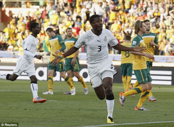 Asamoah Gyang Celebrates Scoring.