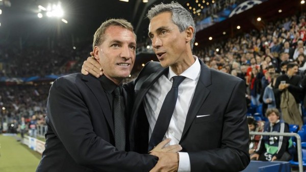 Coach Paulo Sousa and Brendan Rodgers Embrace after Uefa Champions League Game in Basel. Image: AFP/ Getty.