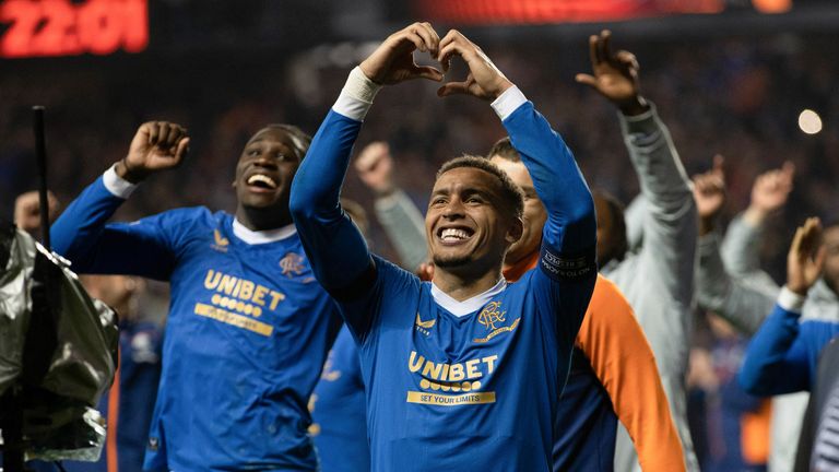 GLASGOW, SCOTLAND - MAY 05: Rangers&#39; James Tavernier at full time during a UEFA Europa League Semi-Final match between Rangers and Red Bull Leipzig at Ibrox Stadium, on May 05, 2022, in Glasgow, Scotland. (Photo by Craig Williamson / SNS Group)