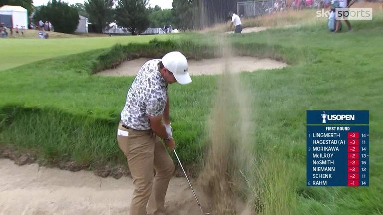 Rory McIlroy took out his frustration on the sand after chipping into the next bunker on the fifth hole at the US Open.